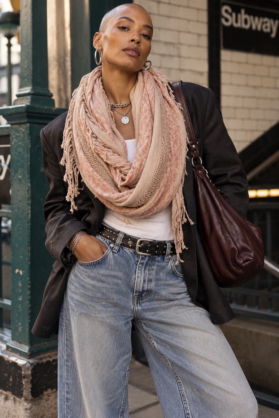 Express Pink Floral Textured Knit Infinity Scarf Fringe Lightweight Loop